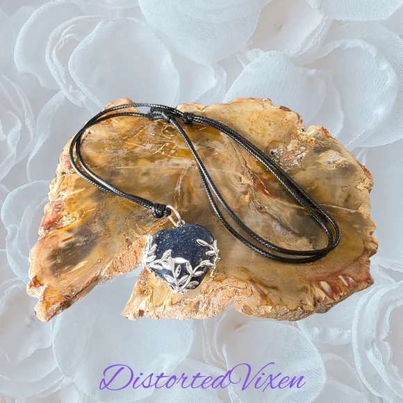 Lapis Lazuli Leaf Pendant Necklace – Silver Leaf Wrapped Blue Stone Black Cord - Picture 1 of 7